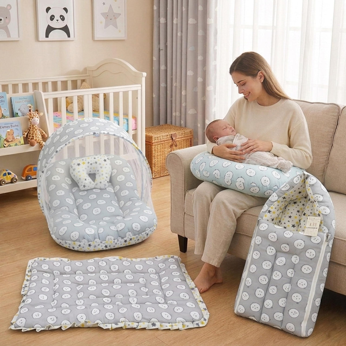 Infantbond By Fareto Baby Bedding Set Essentials Combo | Baby Bed | Carry Bag | Sleeping Bag | Hand Carry Bed | Feeding Pillow (