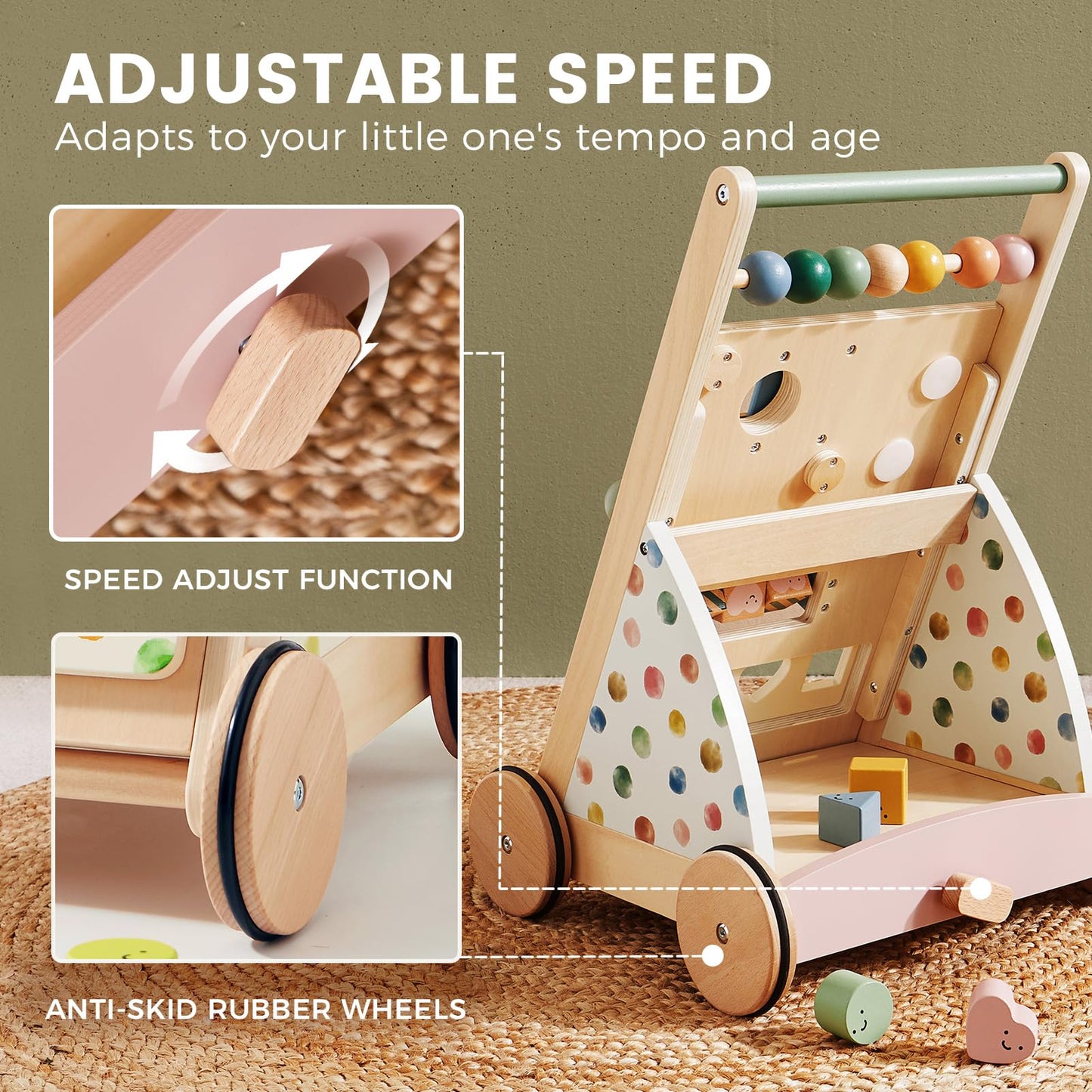 Tiny Land Wooden Baby Walker, Baby Push Walker, Montessori Walker Toy, Adjustable Speed Baby Walker for Boys and Girls, Baby Act