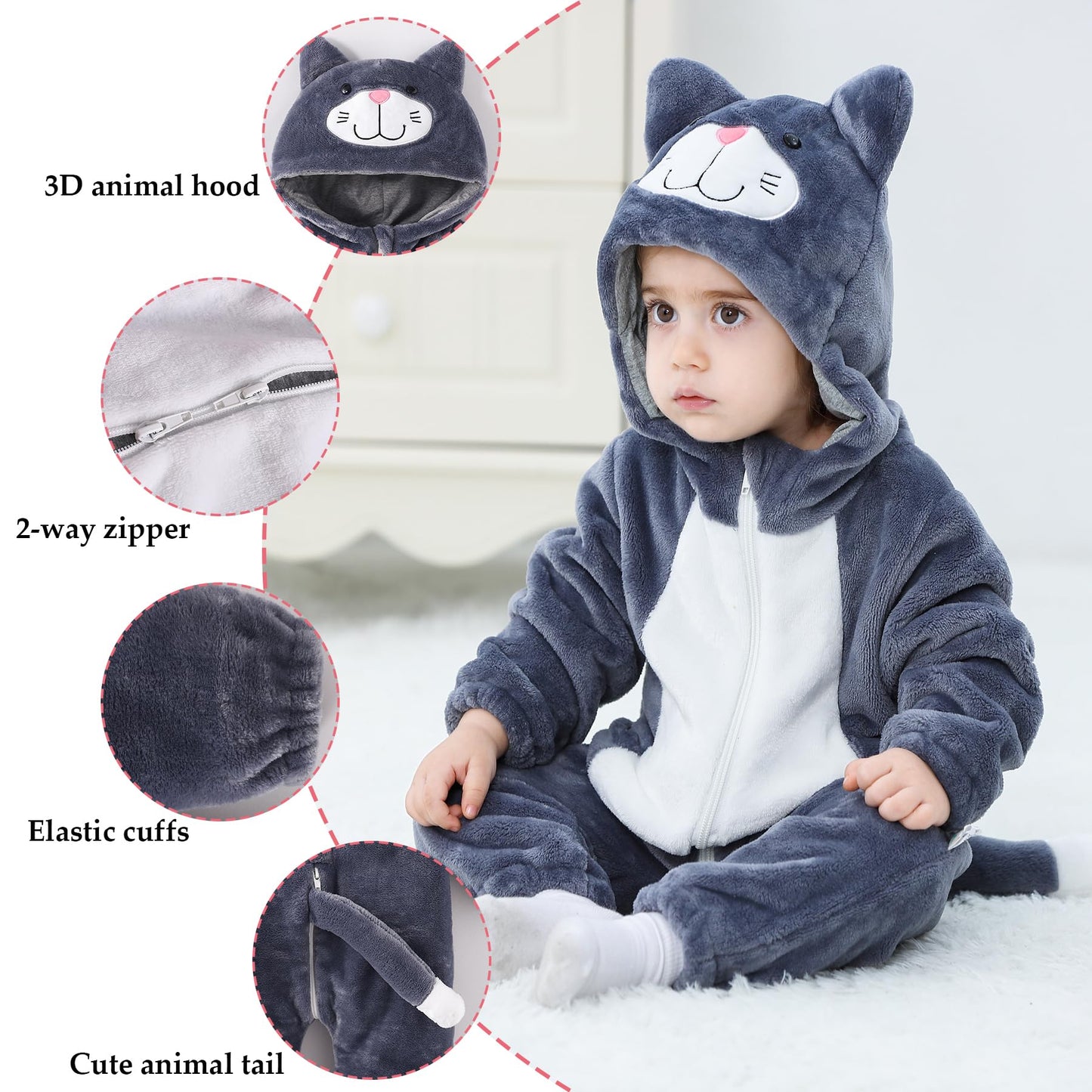 Tonwhar Unisex Baby Animal Halloween Costume Kid'S And Toddler'S Autumn Winter Outfits Jumpsuit(6-12 Months,Dark Gray Cat)