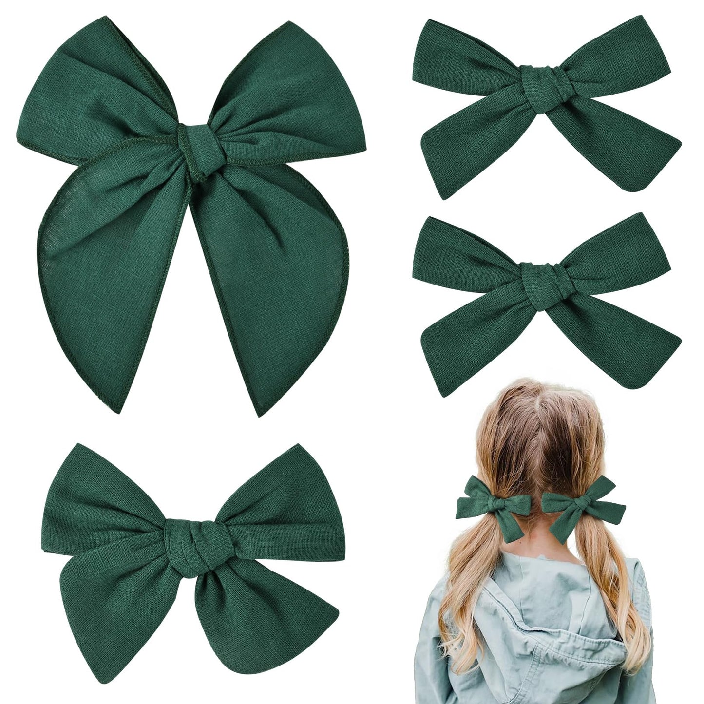 Deeka 4 Pcs Dark Green Cotton Linen Hair Bows 3 Styles 5' & 4' Handmade Hair Bow Set For Toddler Girls Alligator Hair Clips Kn