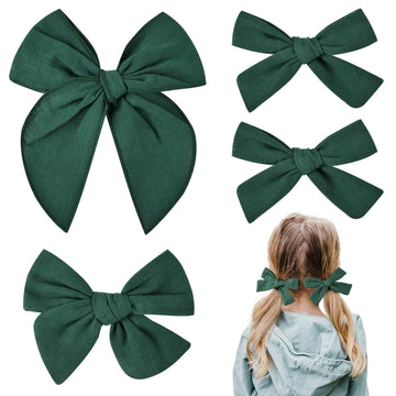 Deeka 4 Pcs Dark Green Cotton Linen Hair Bows 3 Styles 5' & 4' Handmade Hair Bow Set For Toddler Girls Alligator Hair Clips Kn