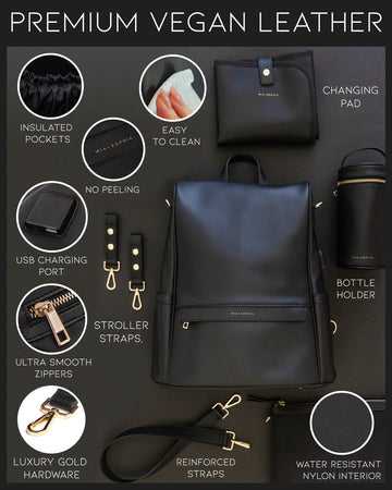 Mia + Sophia Leather Diaper Bag Backpack With Usb Charging Port, Changing Pad, Stroller Straps, And Bottle Holder (Black Mia)