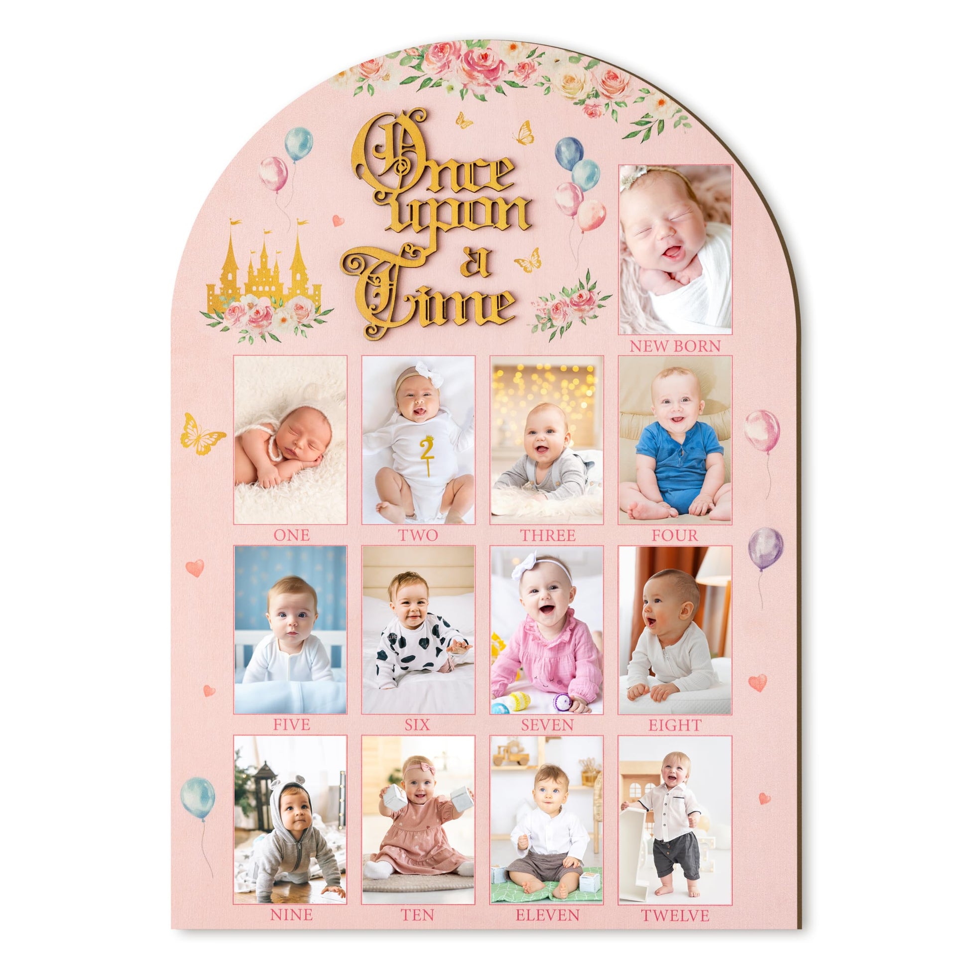 R HORSE My First Year Photo Display Wood Board - 3D Princess Baby s First Year Picture Frame, 12 Months Fairytale Castle Milest