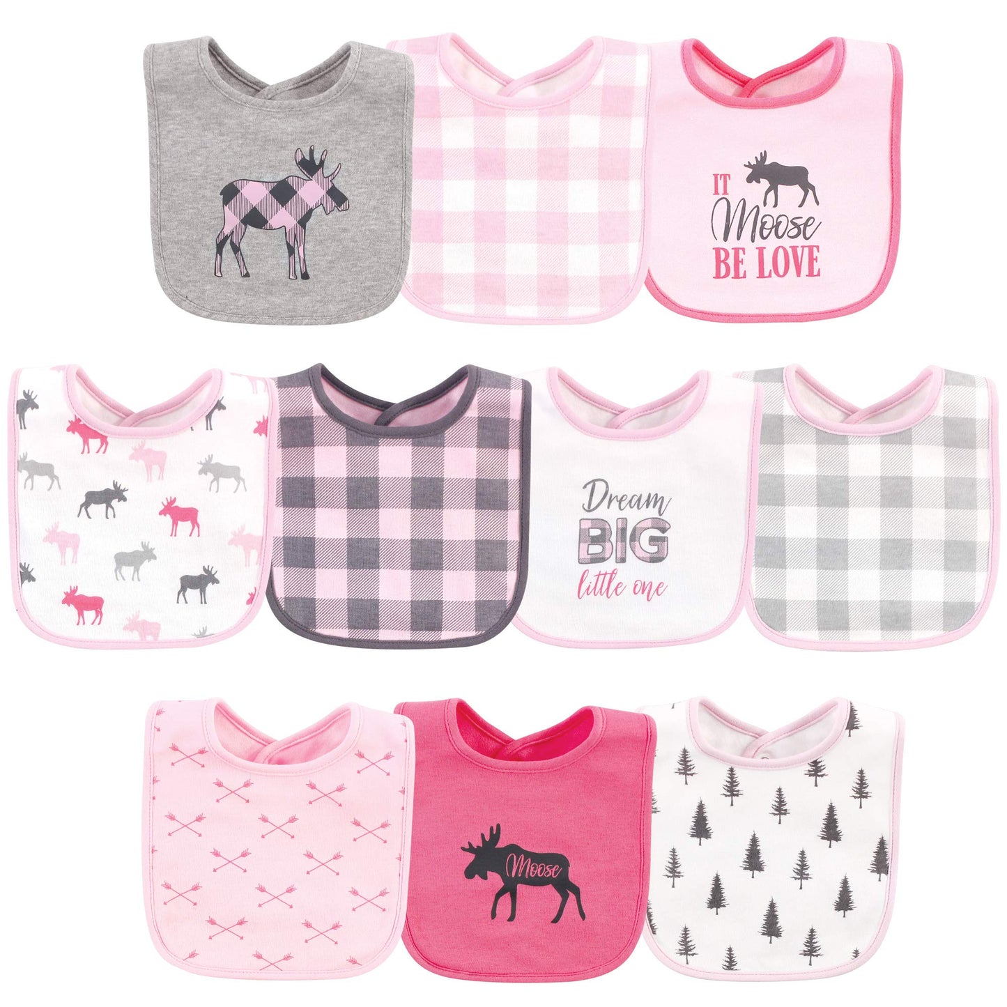 Hudson Baby Unisex Baby Cotton Bibs, Pink Plaid Moose, One Size