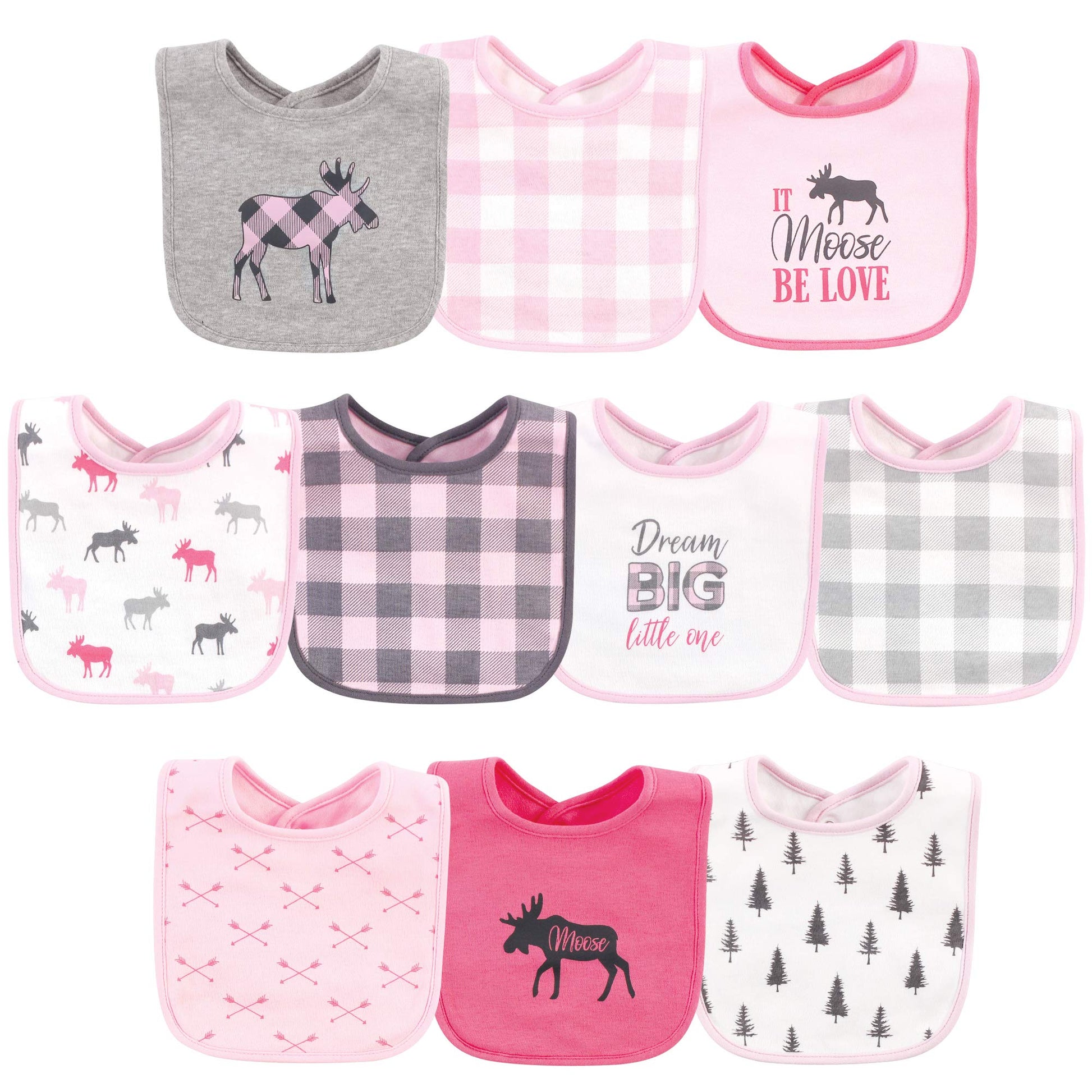 Hudson Baby Unisex Baby Cotton Bibs, Pink Plaid Moose, One Size