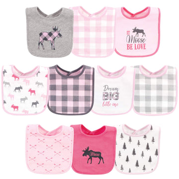 Hudson Baby Unisex Baby Cotton Bibs, Pink Plaid Moose, One Size