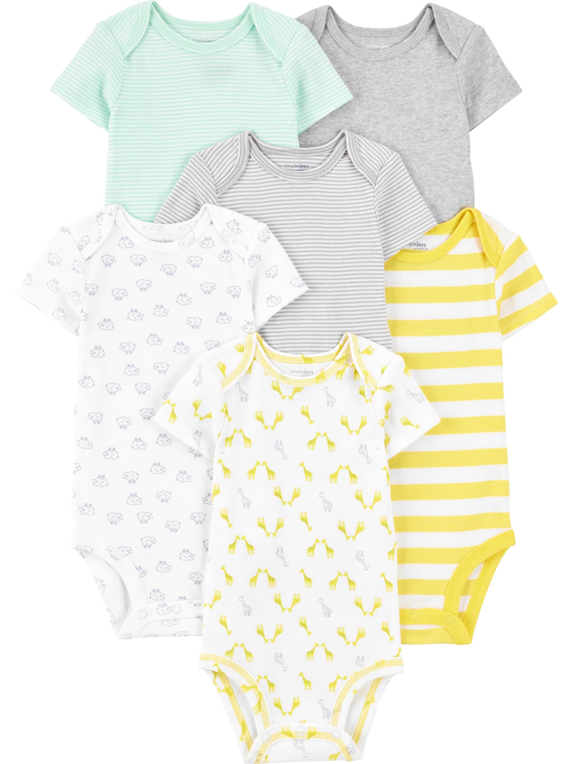 Simple Joys by Carters Baby 6-Pack Short-Sleeve Bodysuit, Grey/Yellow, 0-3 Months