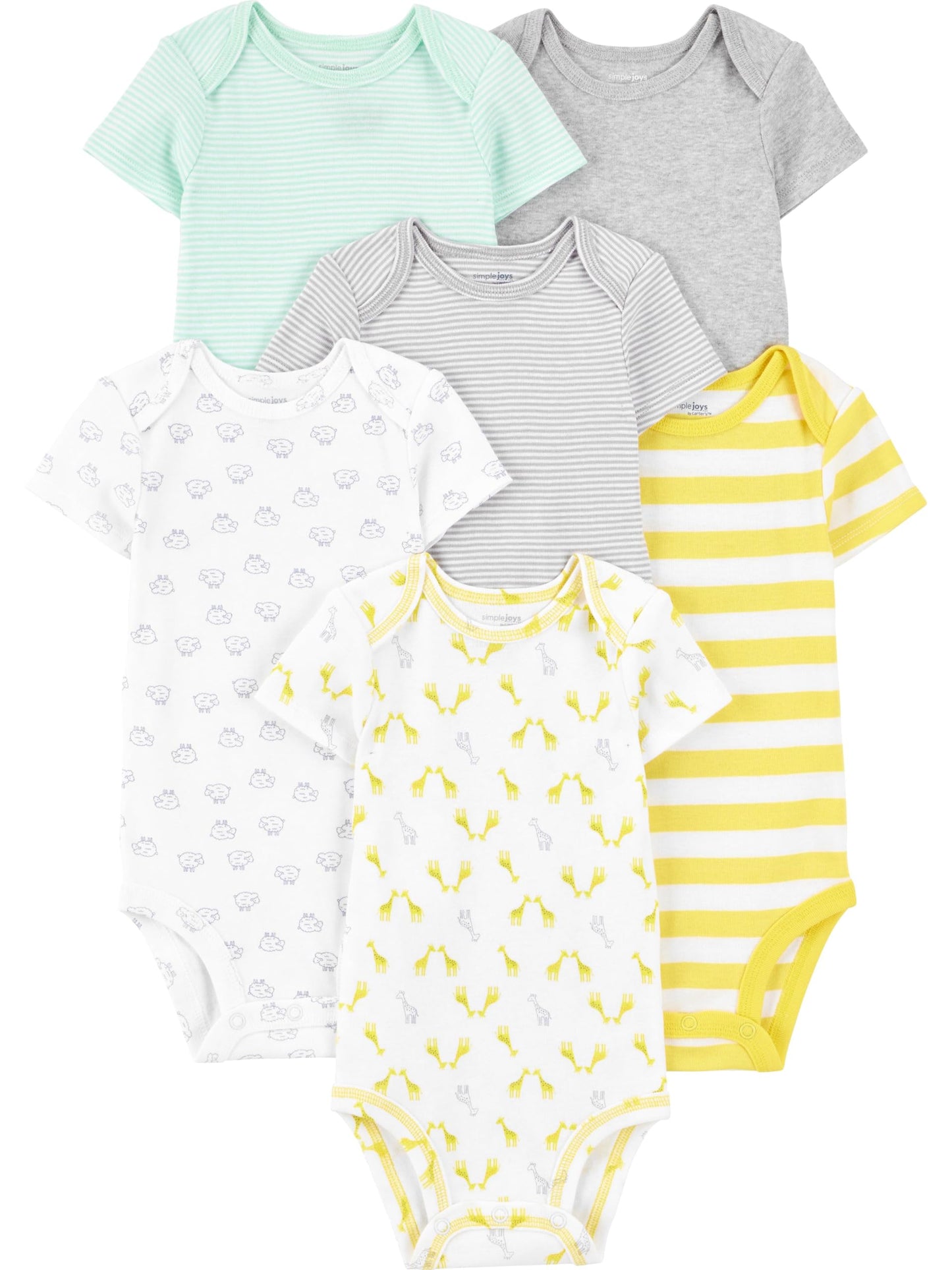 Simple Joys by Carters Unisex Babies Short-Sleeve Bodysuit, Pack of 6, Grey/Yellow, Newborn
