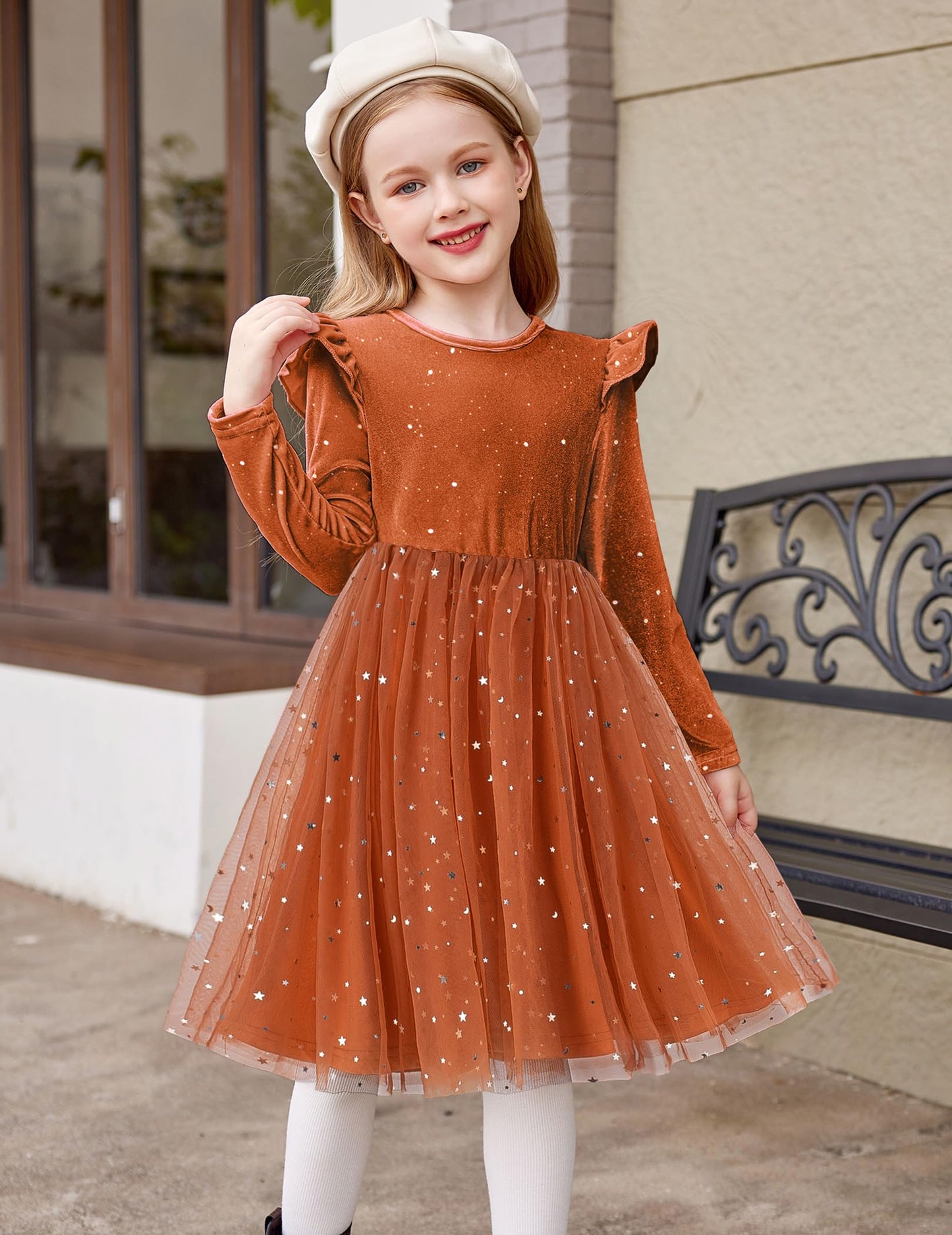 Arshiner Fall Dresses For Girls Velvet Tulle Tutu Fall Long Sleeve Outfit Brown Sequin Size 7