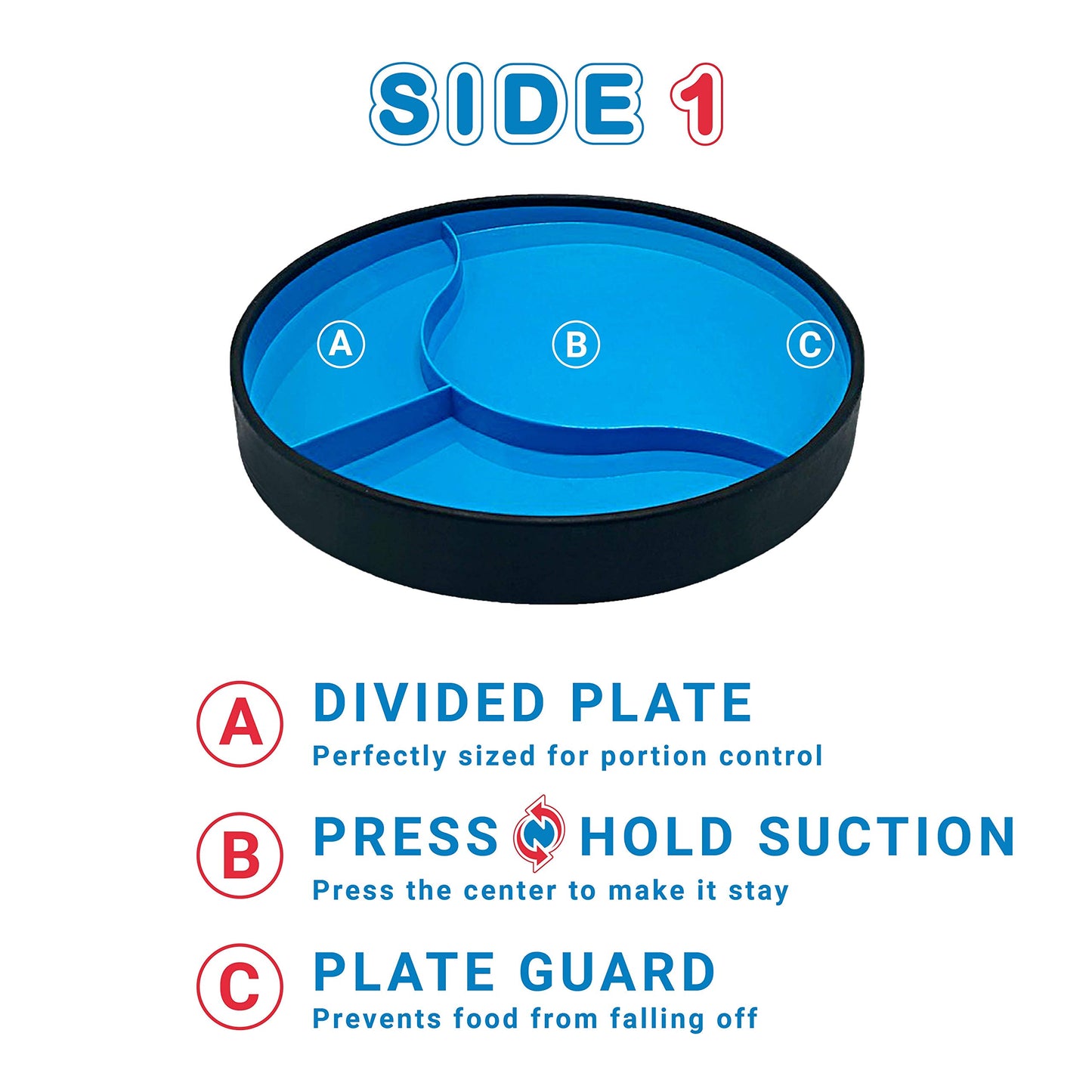 Stayneat Suction Plate, 2N1 Divided/Scoop Dish, Non-Slip Plate Guard, Usa! Blue (S)