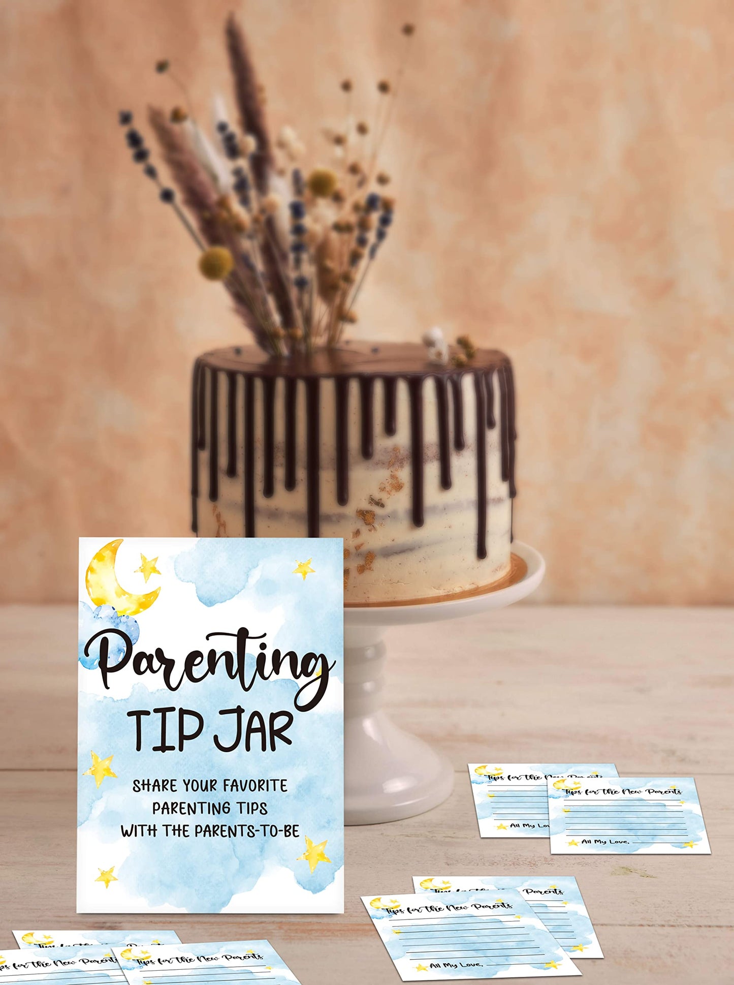 Baby Shower Games, Parenting Tip Jar Party Games(1 Standing Sign + 20 Advice Cards), Moon And Stars Advice Cards For New Parents