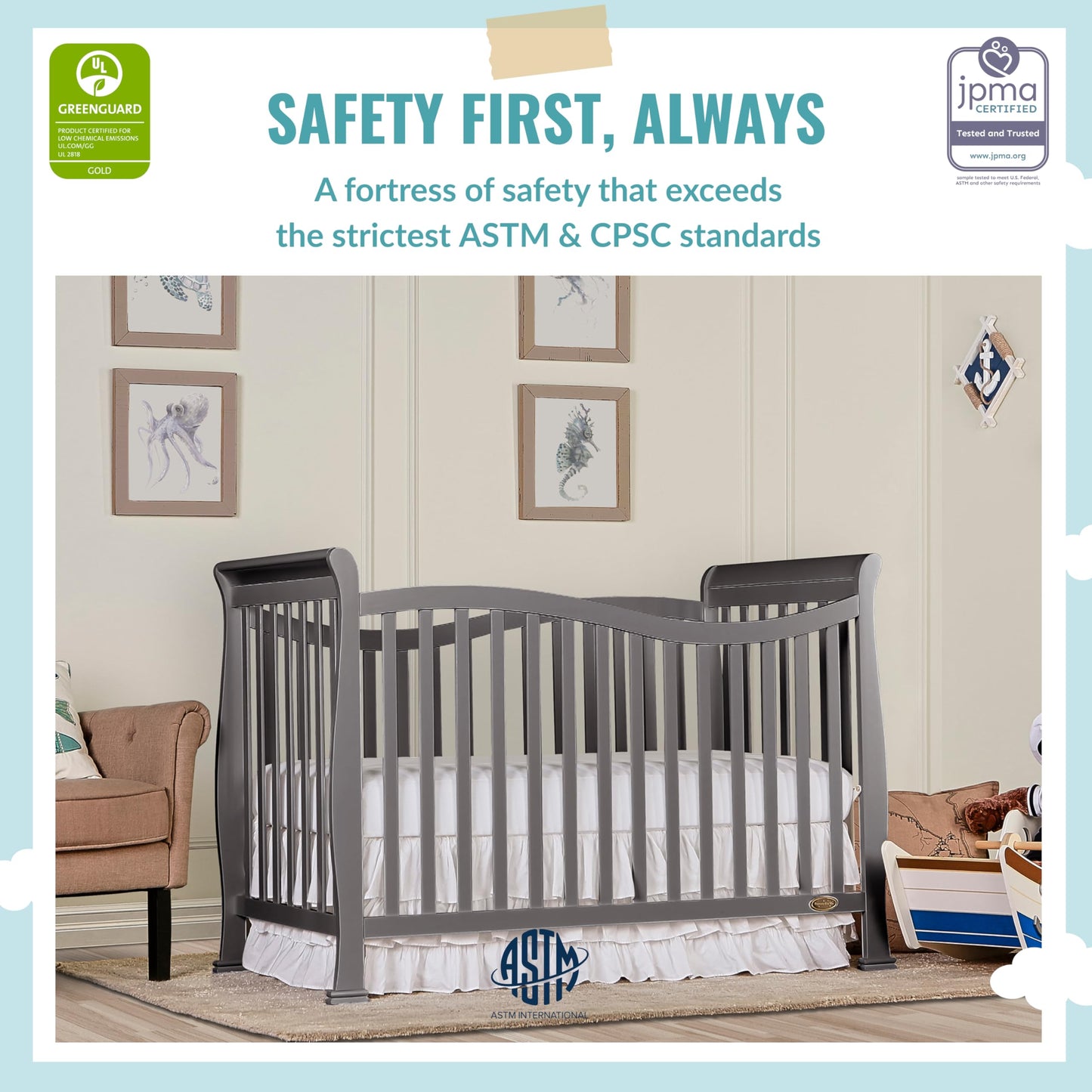 Dream On Me Violet 7-In-1 Convertible Life Style Crib In Steel Grey, Greenguard Gold Certified, 4 Mattress Height Settings, Made