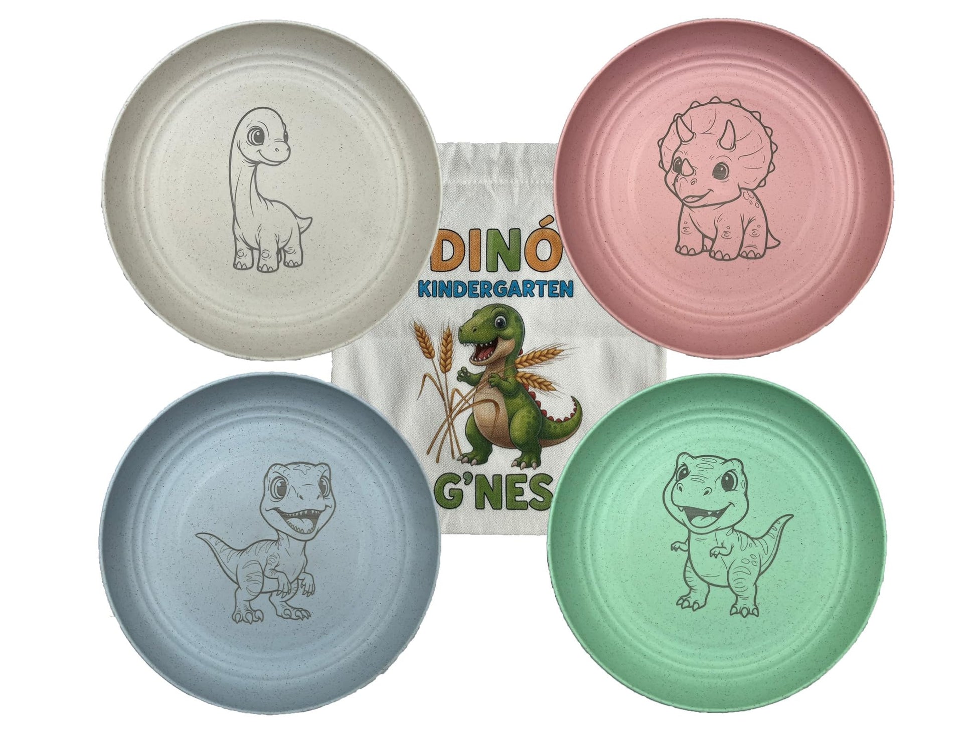 Wheat Straw Plate Set for Children with Dinosaur Patterns | 4 Engraved, Eco-Friendly Food Plates | Free Dinosaur Backpack Includ