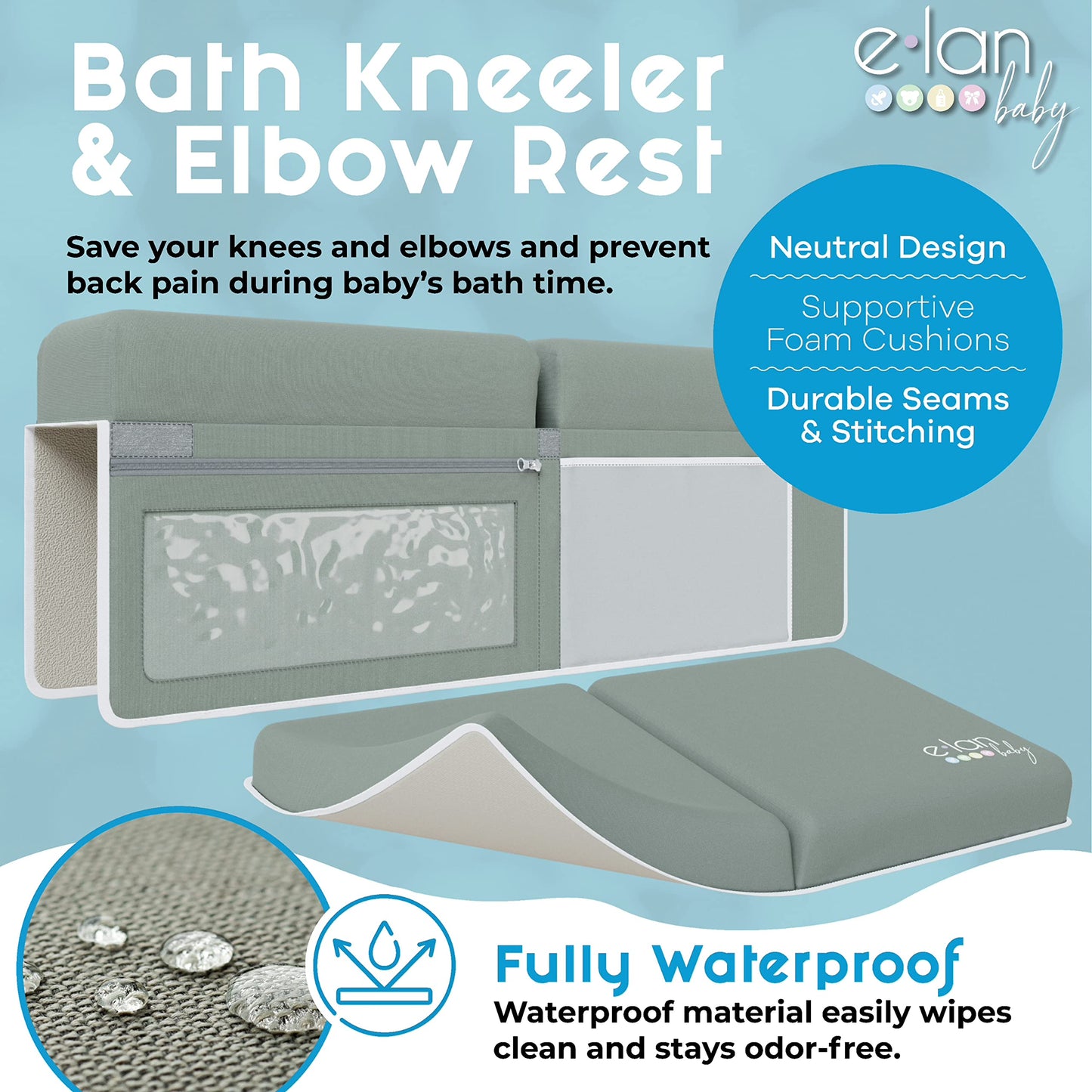 Elan Baby Comfortable Baby Bath Kneeler And Elbow Rest Pad Set - Kneeling Pad Bath Mat With 4 Toy Organizer Pockets, Baby Bathtu