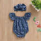 Newborn Baby Girls Romper Jumpsuit Infant Girl Summer Bodysuits Ribbed Short Sleeve One-Piece Headband (Denim, 0-6 Months)
