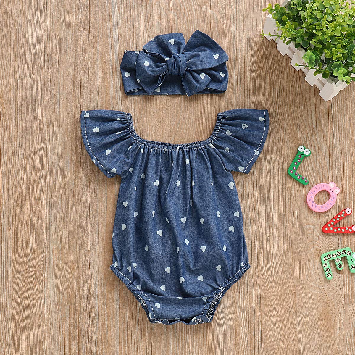 Newborn Baby Girls Romper Jumpsuit Infant Girl Summer Bodysuits Ribbed Short Sleeve One-Piece Headband (Denim, 0-6 Months)