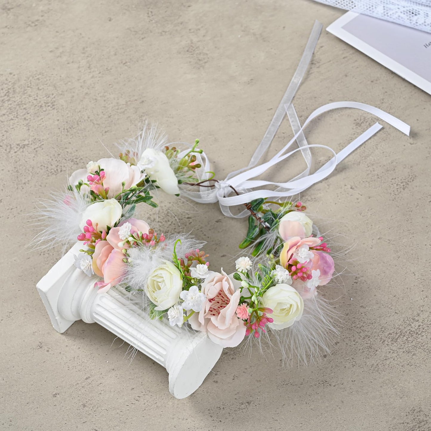 Funsveta Baby Girls Flower Crown Flower Girl Headpiece boho Little Wreaths for Weddings, Family photography (Pink White)