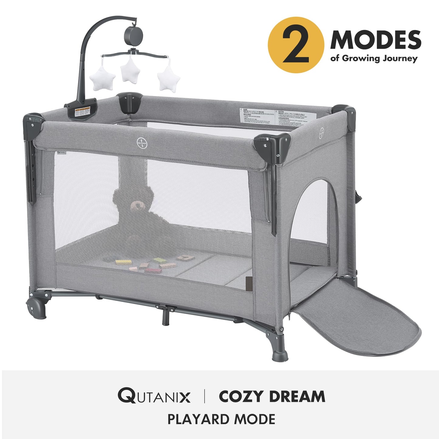 Qutanix 2-In-1 Baby Playard, Pack And Play Bassinet, Easy Folding Portable Crib With Music Mobile For Newborn To Toddlers (Grey)