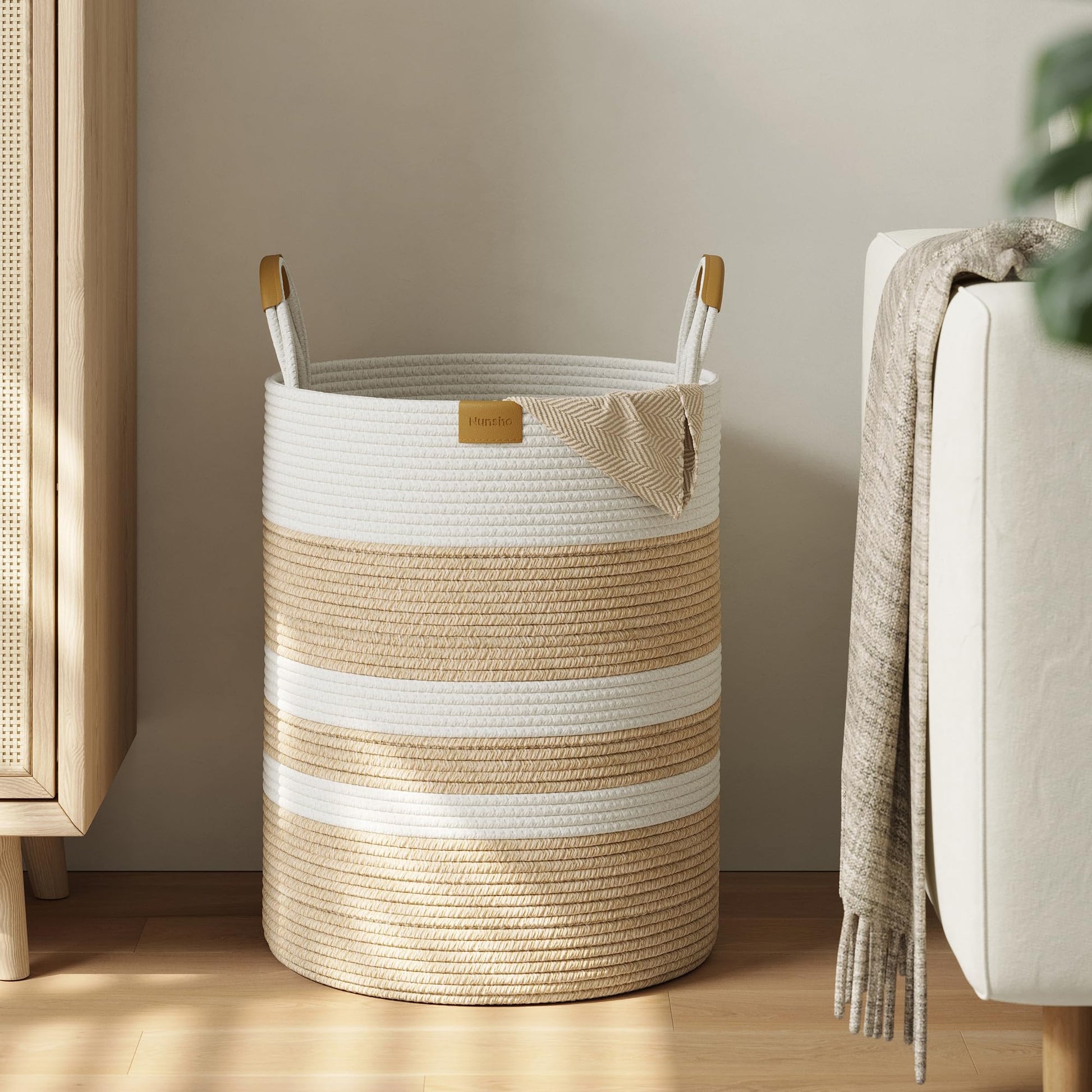 Nunsino 62L Striped Laundry Hamper with Leather Handles,Large Foldable Laundry Basket for Clothes,Cotton Rope Storage Bin for Bl