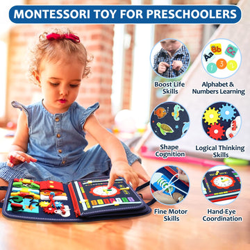Qizfun Busy Board Montessori Toy for 1 2 3 4 Years Old, Educational Activity Sensory Board Preschool Learning Fine Motor Skills