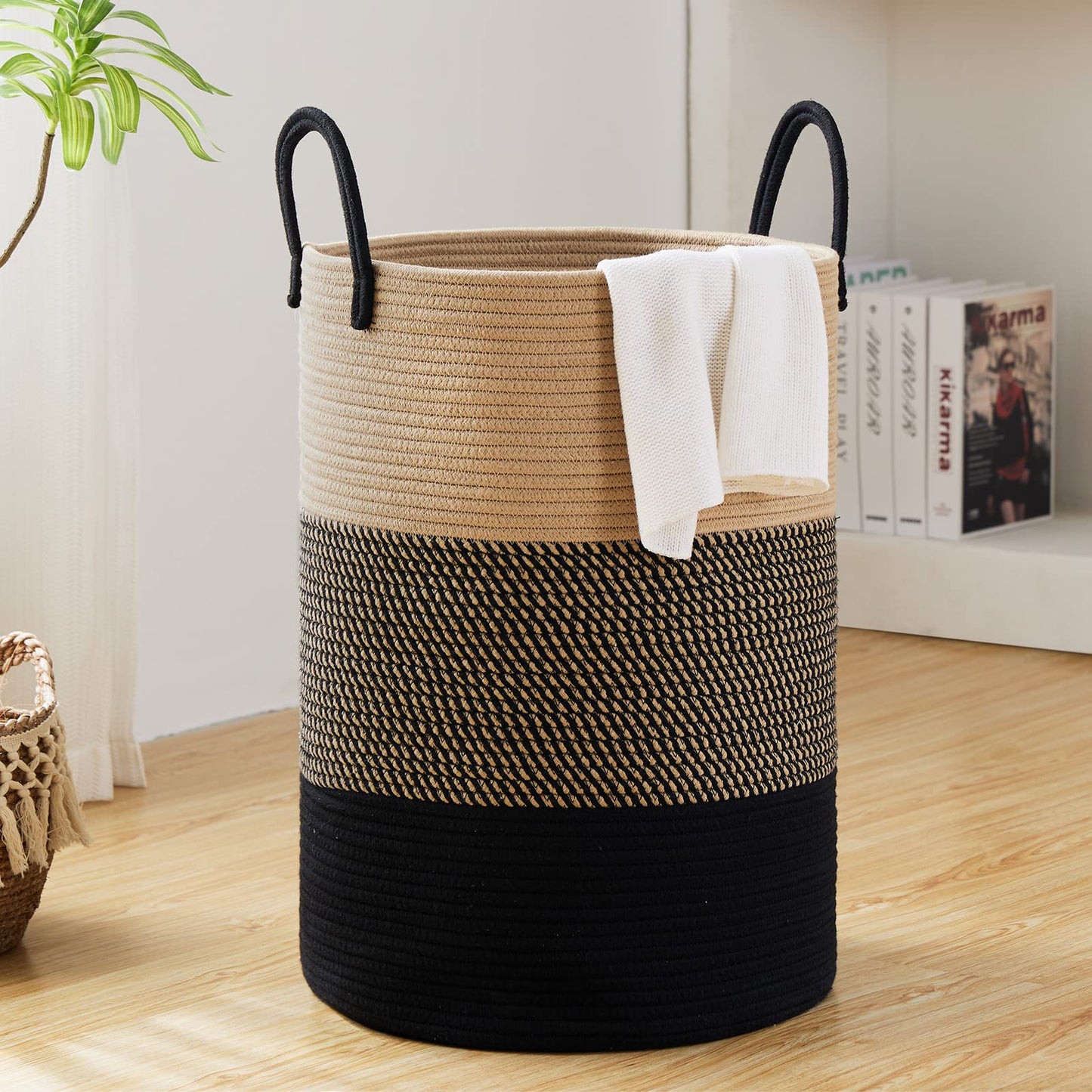Fionas magic 58L Large Woven Laundry Hamper, Tall Cotton Rope Laundry Basket, Boho Storage Basket for Blankets, Toys and Clothe