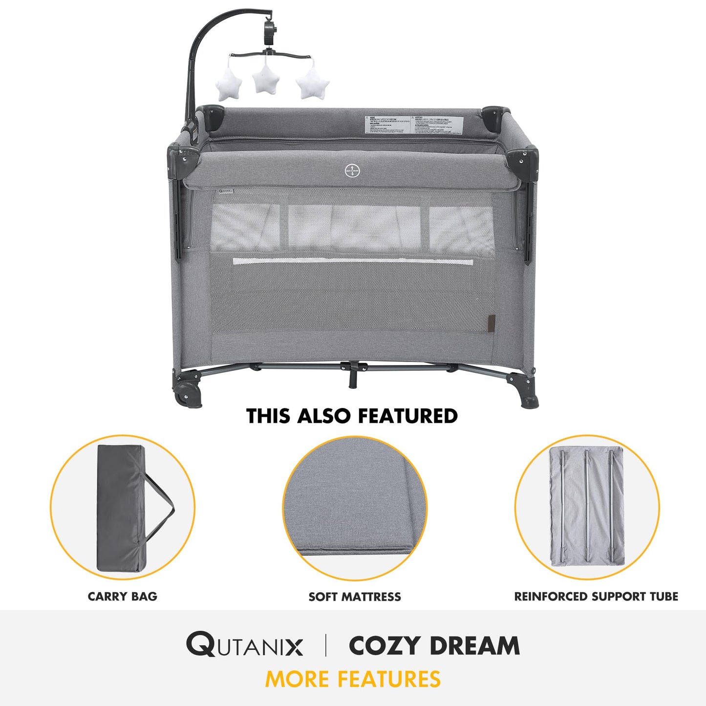 Qutanix 2-In-1 Baby Playard, Pack And Play Bassinet, Easy Folding Portable Crib With Music Mobile For Newborn To Toddlers (Grey)