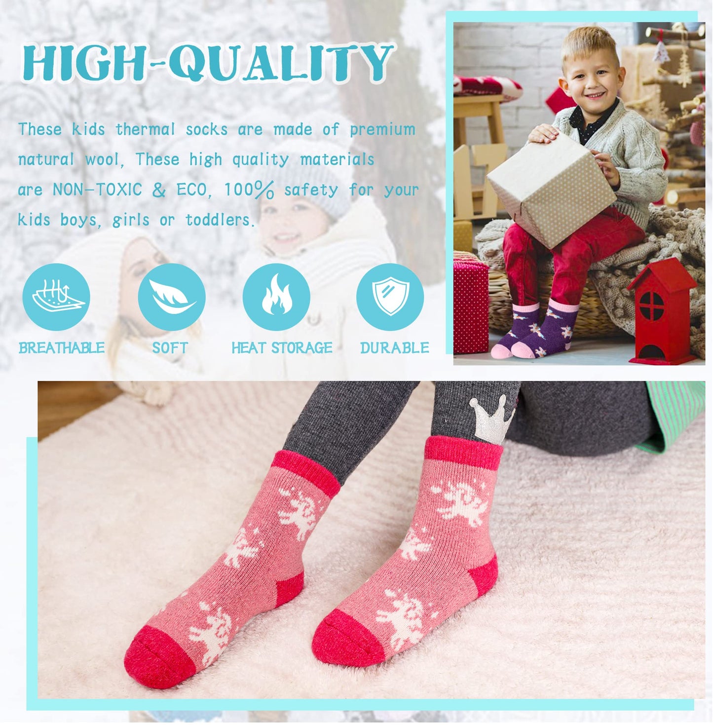 Eocom 6 Pairs Children'S Winter Warm Wool Animal Crew Socks Kids Boys Girls Socks (Unicorn C, 8-12 Years)