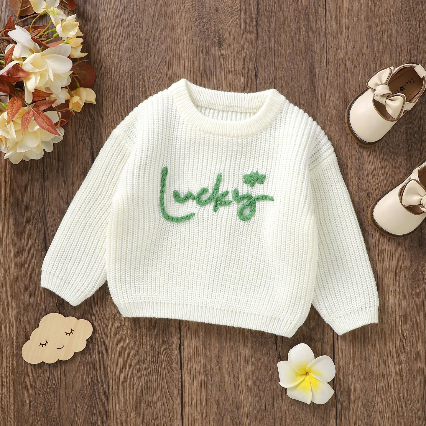 Ayalinggo Valentines Baby Girl Boy Outfit Toddler Knit Sweater Long Sleeve Crewneck Sweatshirt St Patricks Day Clothes (White Lu