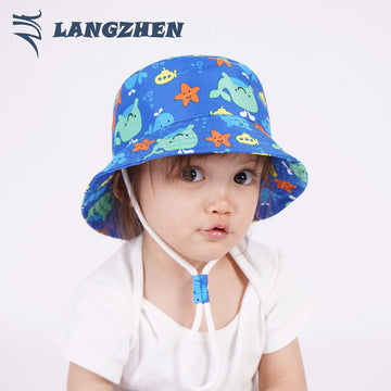 Langzhen Sun Protection Hat For Kids Toddler Boys Girls Wide Brim Summer Outdoor Hat Baby Bucket Hat With Chin Strap (Blue-Whale