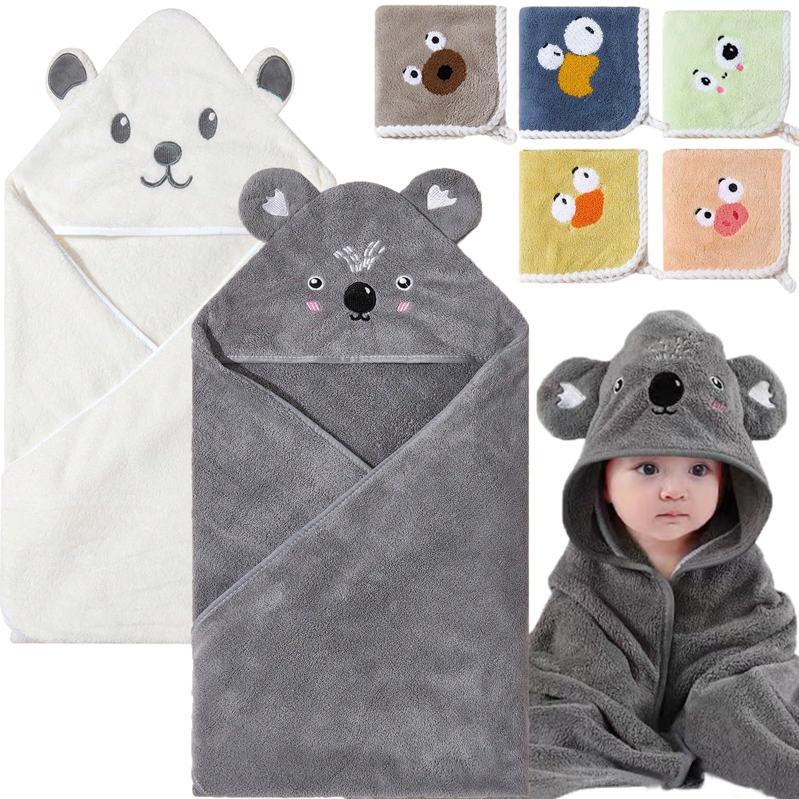 Befacl 2 Pack Baby Towels With Hood And 5 Baby Washcloths, For Newborn Unisex, 31.5X31.5 In Ultra Absorbent Soft Hooded Bath Tow