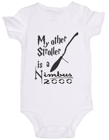 Jovigear My Other Stroller Is A Nimbus 2000' / Harry Potter Cute Baby Onesie Spell Bodysuit Romper (12M, White)