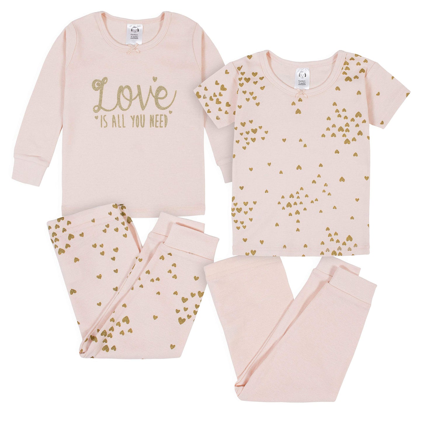 Gerberbaby Girlstoddler Snug Fit 4-Piece Pajama Setlove Pink2T