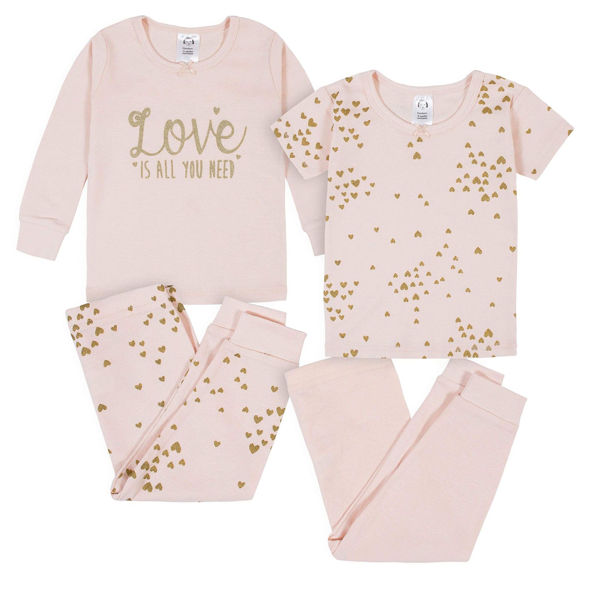 Gerberbaby Girlstoddler Snug Fit 4-Piece Pajama Setlove Pink2T