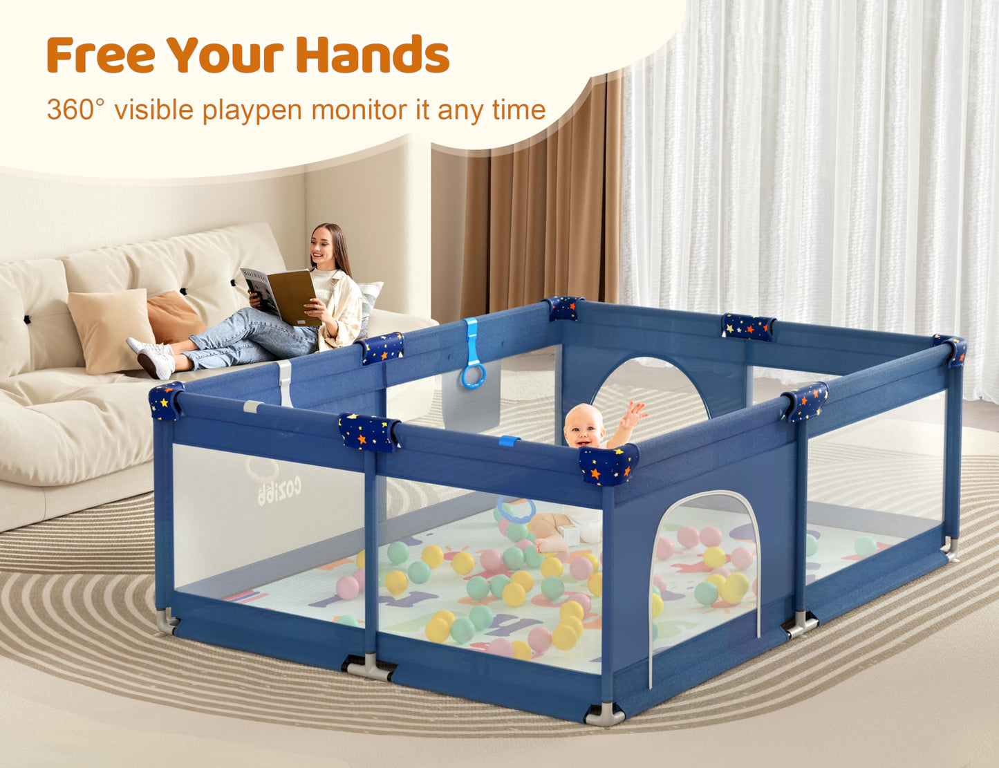 Cozibb Baby Playpen With Mat, 71'    59' Extra Large Playpen For Babies And Toddler, Baby Play Yard With Breathable Mesh, Baby