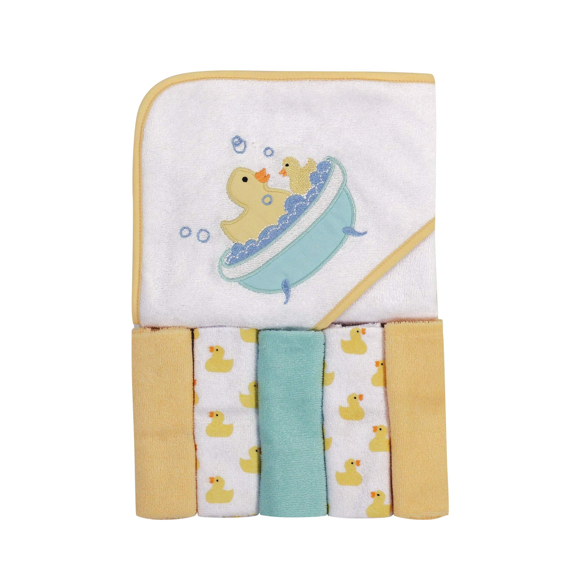 Luvable Friends Unisex Baby Hooded Towel With Five Washcloths, Bathtime Duck, One Size