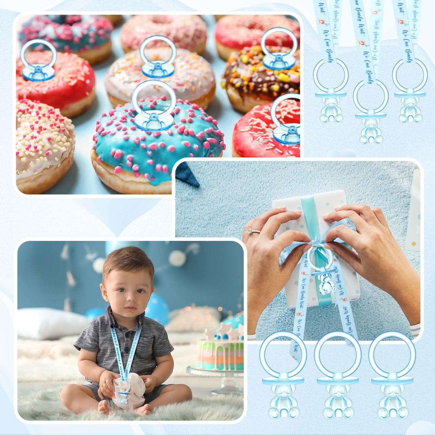 Beeveer 50 Pcs Green Leaf Baby Pacifiers Baby Shower Acrylic Pacifiers Necklace Boy Pacifier Bulk Nipples For Shower Game Ribbon