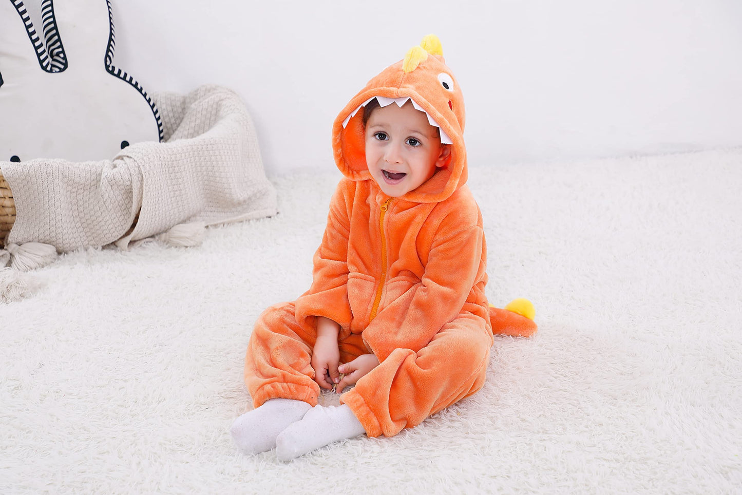 Lolanta Toddler Boy Girl Halloween Costumes Jumpsuit Dinosaur Soft Animal Bodysuit Rompers For Kids Birthday Gift (Orange, 2-3T)