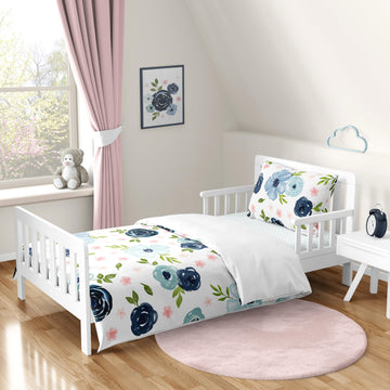 Sweet Jojo Designs Navy Blue And Pink Watercolor Floral Girl Toddler Kid Childrens Comforter Bedding Set - 5 Pieces Comforter, S