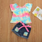 Bmnmsl Baby Toddler Girls Clothes 2T 3T 4T 5T Summer Outfits Kids Floral Short Sleeve Tops T-Shirt Vest & Denim Shorts Set