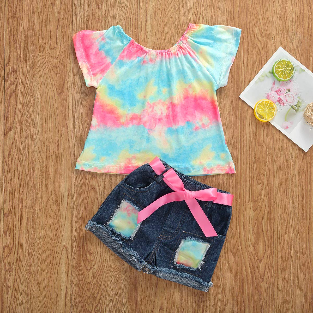 Bmnmsl Baby Toddler Girls Clothes 2T 3T 4T 5T Summer Outfits Kids Floral Short Sleeve Tops T-Shirt Vest & Denim Shorts Set