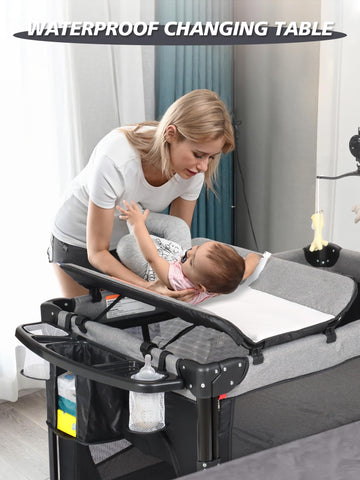 Biusikan Baby Bassinet, Pack And Play With Bassinet, Bassinet Bedside Sleeper With Diaper Changer, Mosquito Net, Music Box, Port