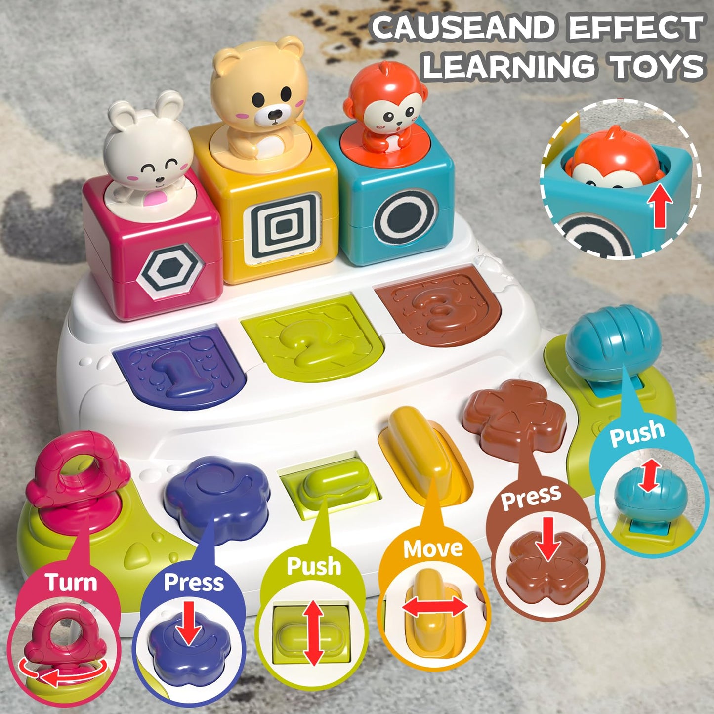 PANITU Baby Pop Up Animal Toys with Buttons & Colors, Montessori Cause and Effect Toys for Boys Girls, Kids, Toddlers, Babies -
