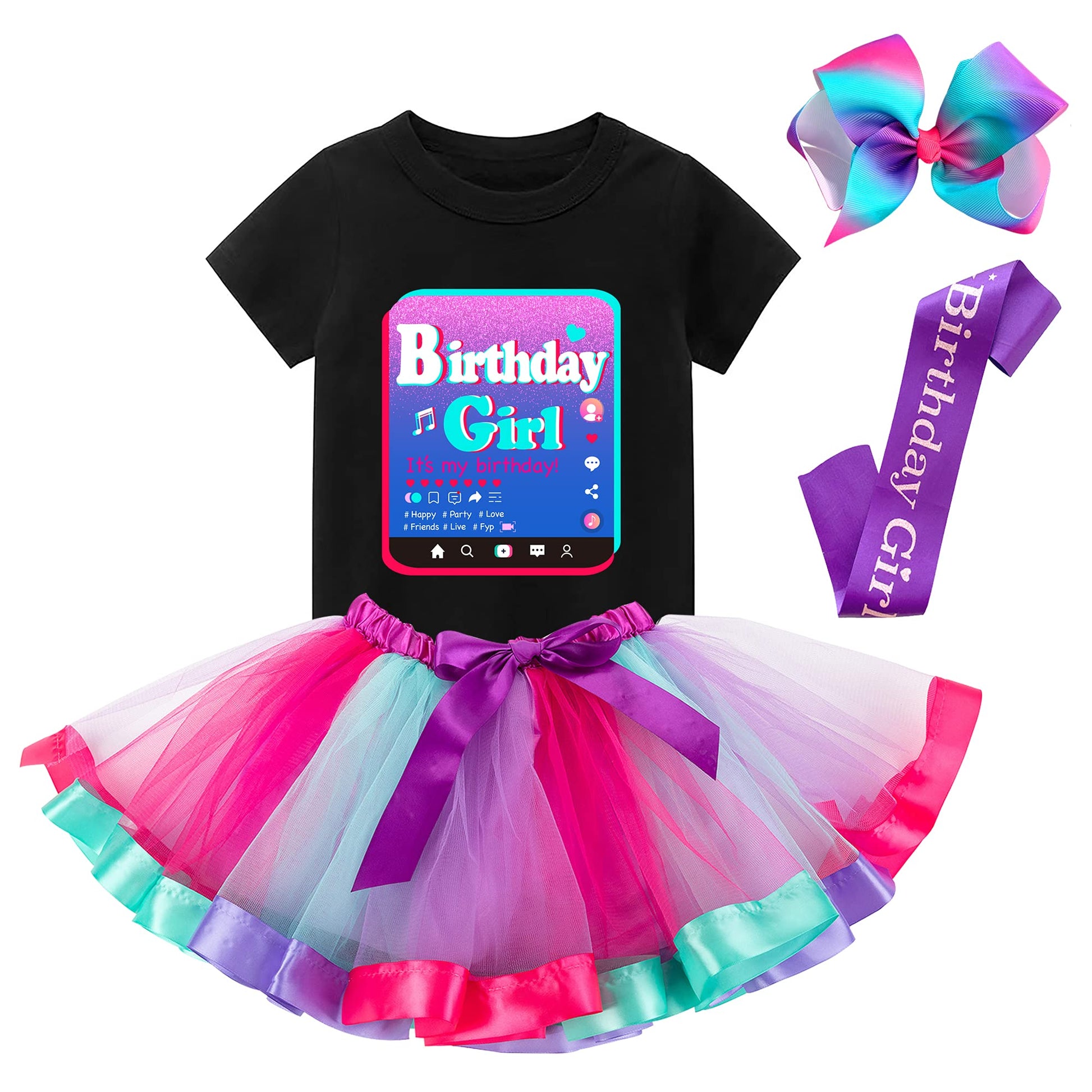 Tutu And Sian Birthday Girl Outfit Party Costume - Hair Bow, Shirt, Tutu Dress, Satin Sash (Birthday Girl 1, 13-14 Years)