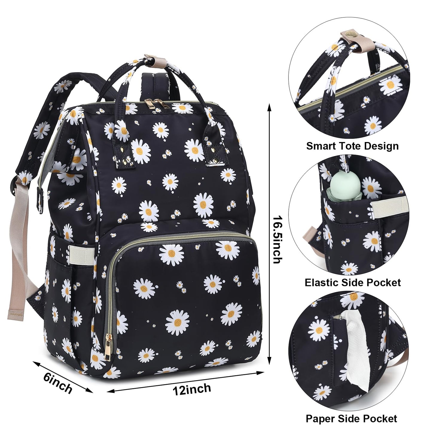 Xunteny Daisy Baby Diaper Bag Backpack For Girls Boys, Waterproof Large Maternity Nappy Bags For Mom (Black)