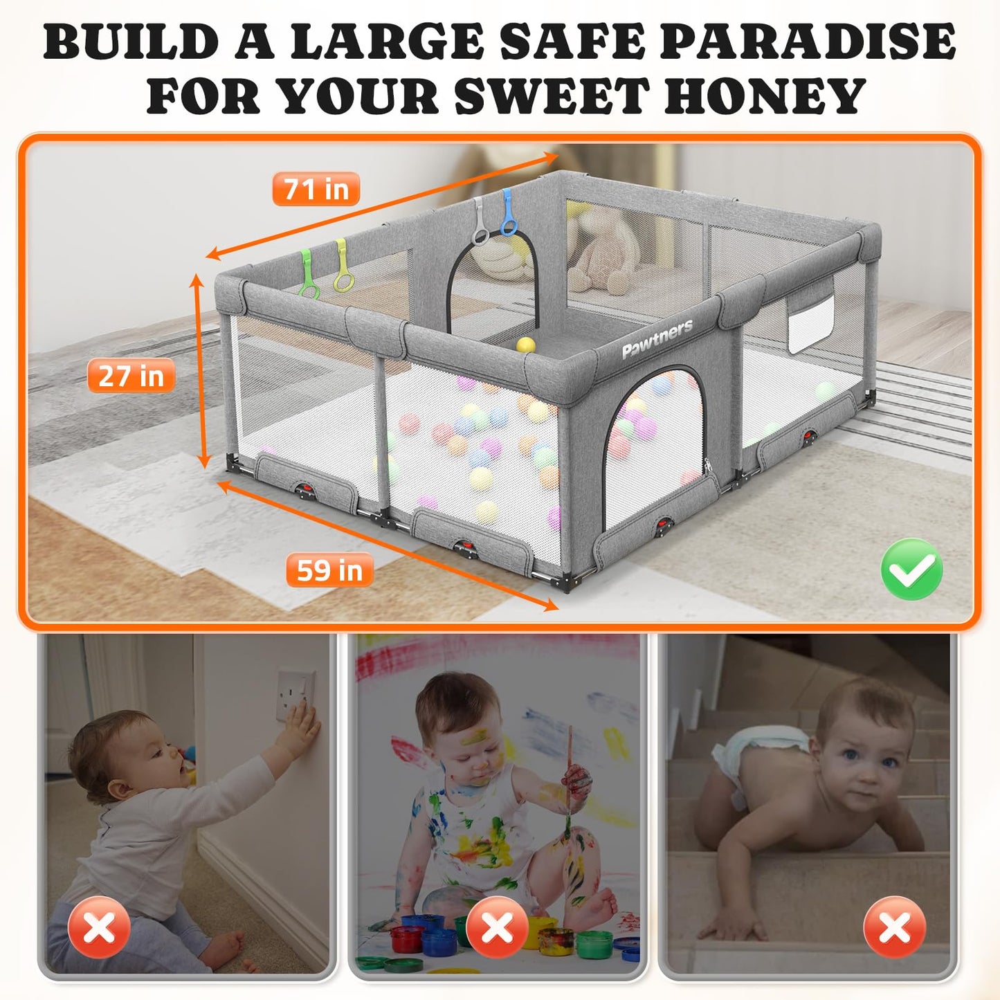 Foldable Playpen For Babies And Toddlers: 71' L X 59' W X 27' H, Large Kids Play Yard, Portable For Indoor And Outdoor Play A