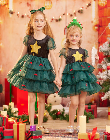 Ikali Girls Christmas Tree Costume, Kids Toddlers Santa'S Helper Elf Costume Outfit Dress Suit Holiday Party Dress-Up Set