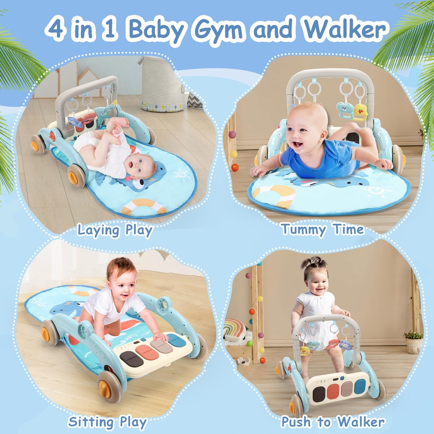 2 In 1 Baby Play Gym With Walker For Newborn, Baby Play Mat Activity Gym With 4 Infant Learning Sensory Tummy Time Mat For Infan