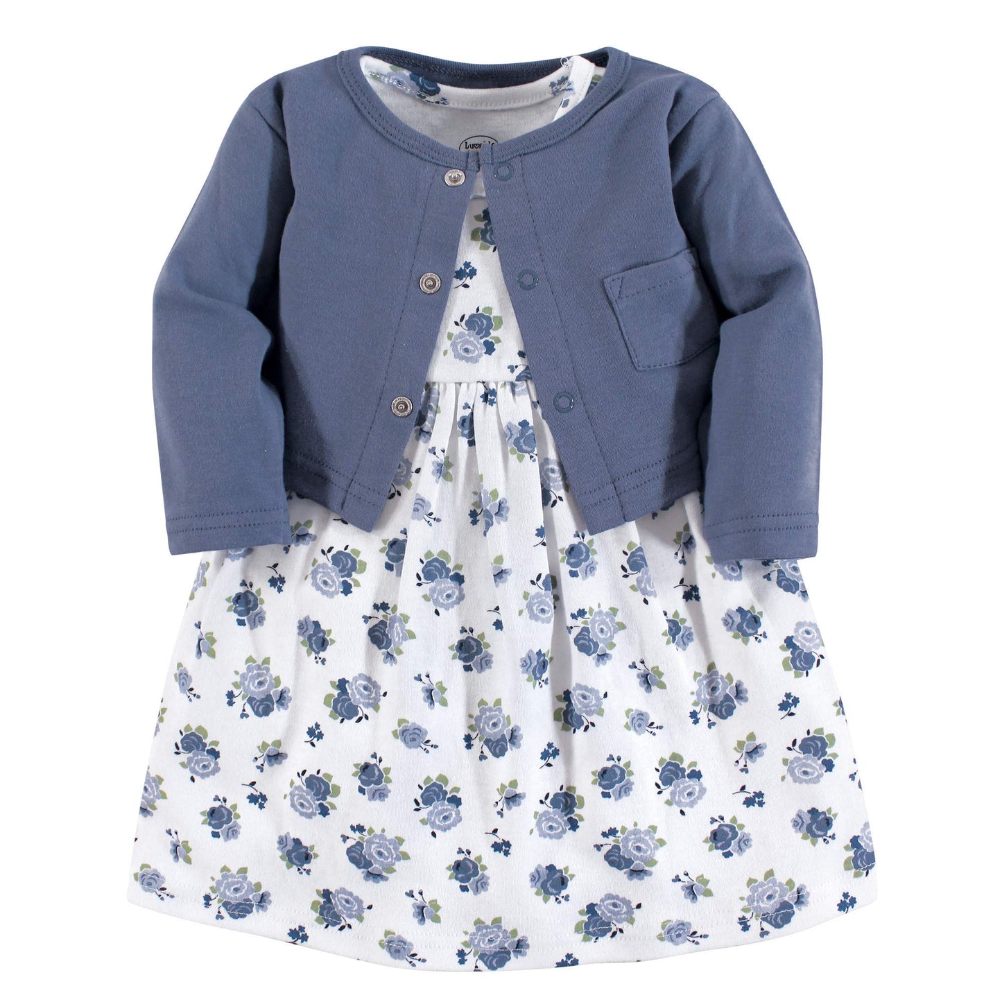 Luvable Friends Baby Girls And Cardigan Casual Dress, Blue Floral, 4T Us