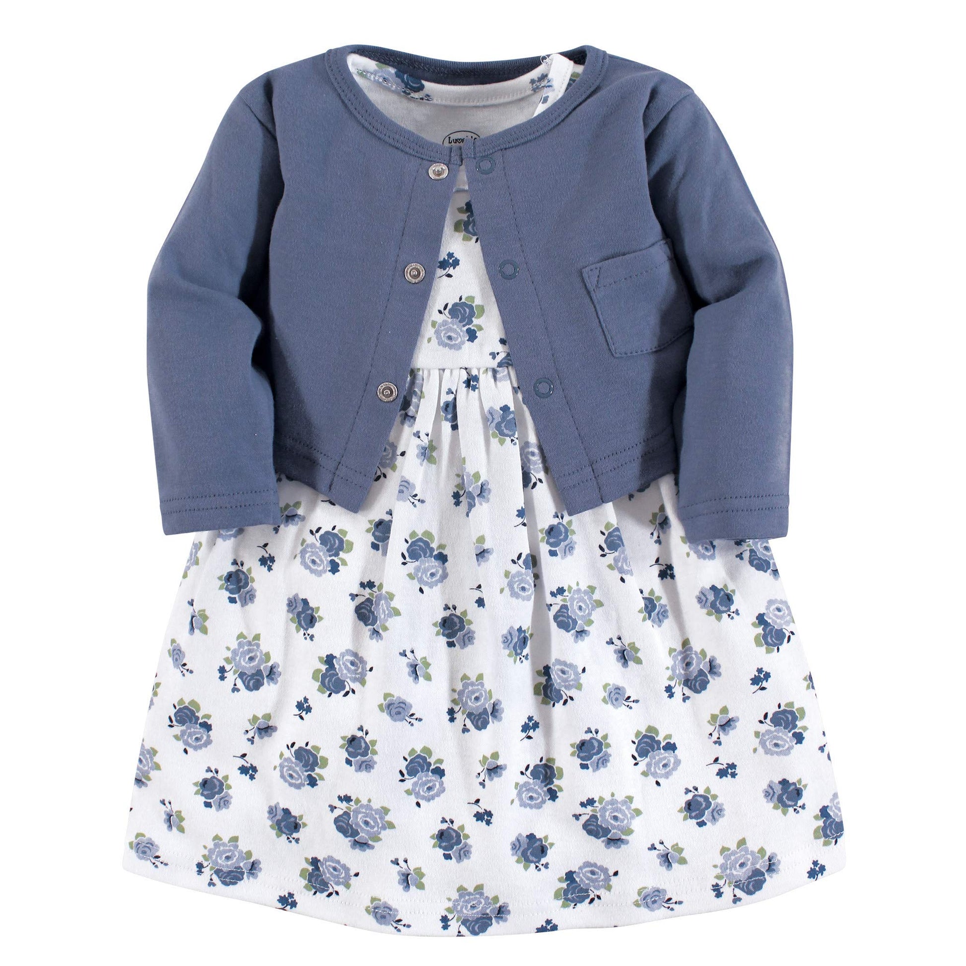 Luvable Friends Baby Girls And Cardigan Casual Dress, Blue Floral, 4T Us