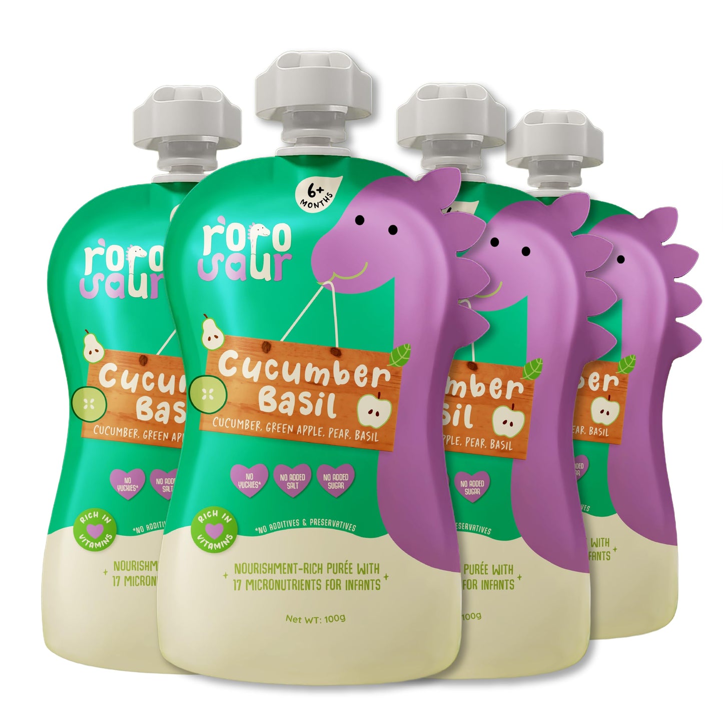 Rorosaur Ready To Eat Fruit & Veggie Baby Food Puree Pouch 100G Each, Pk Of 4 | Puree With Green Apple, Cucumber & Pear For 6+ M
